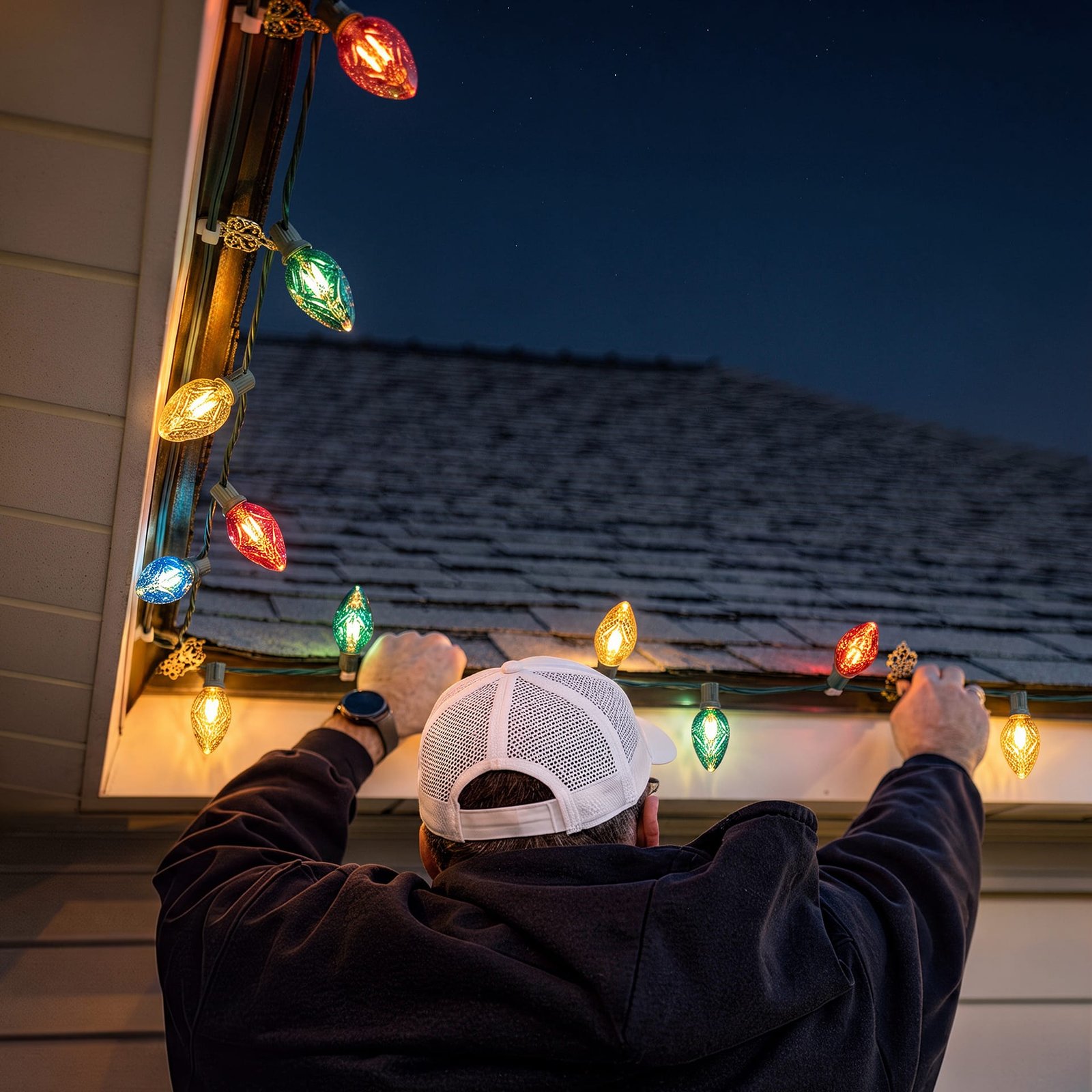 Person hanging multicoloured string lights along a roofline at night