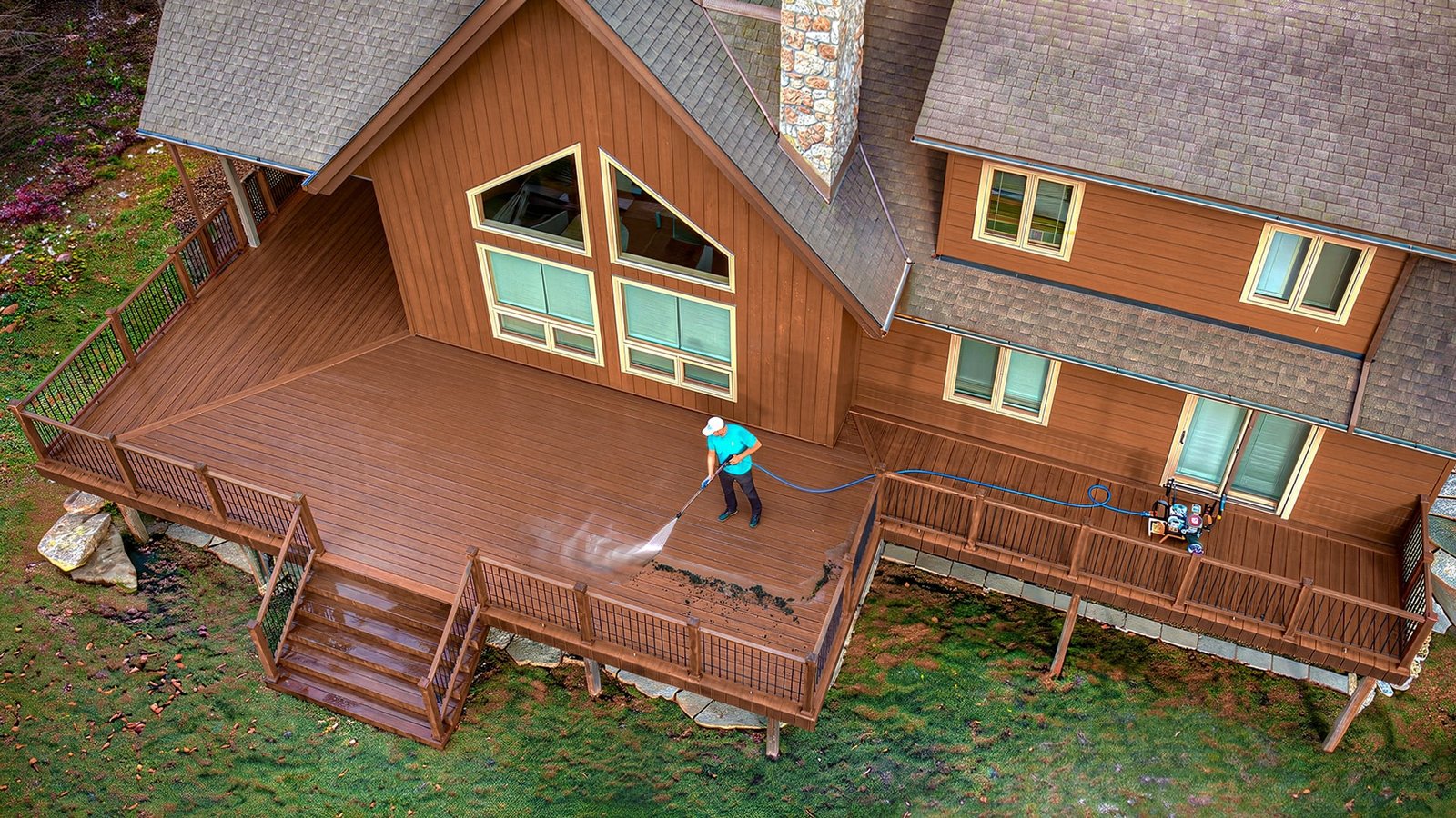 Aerial view of a worker pressure washing a large wooden deck attached to a house